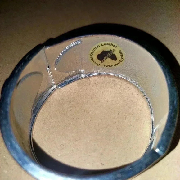 Zawadi black Ostrich Leather Swarovski Crystal Wide Clamper Bracelet - Picture 4 of 6